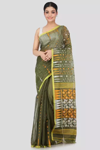 Green Hand Woven Pure Cotton Saree Without Blouse