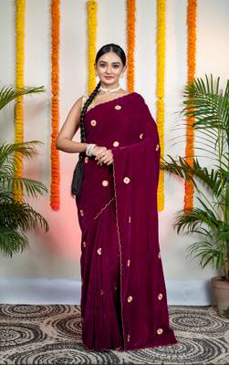 Magenta velvet machine embroidered saree 2