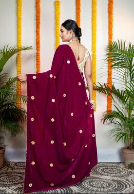 Magenta velvet machine embroidered saree 3