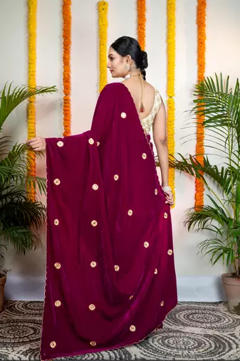 Magenta velvet machine embroidered saree