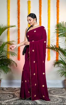 Magenta velvet machine embroidered saree 1