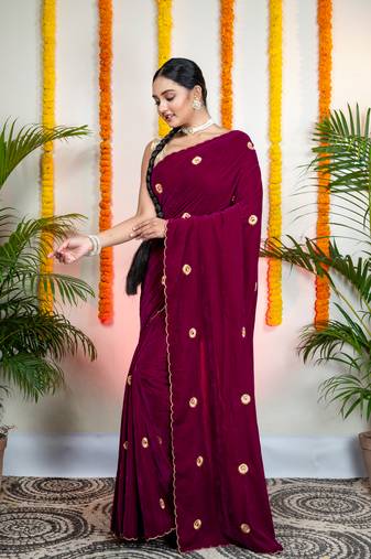Magenta velvet machine embroidered saree