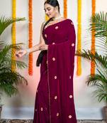 Magenta velvet machine embroidered saree