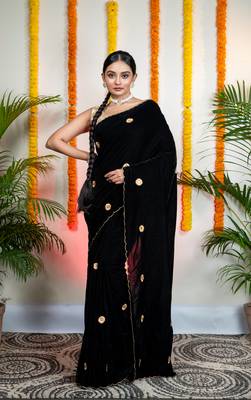 Black velvet machine embroidered saree 1