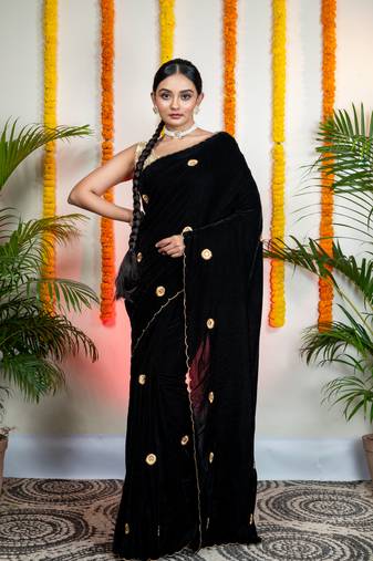 Black velvet machine embroidered saree