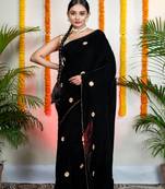 Black velvet machine embroidered saree