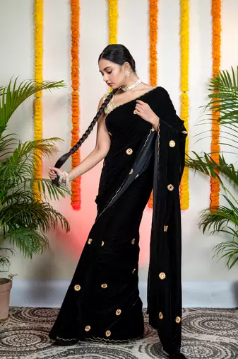 Black velvet machine embroidered saree