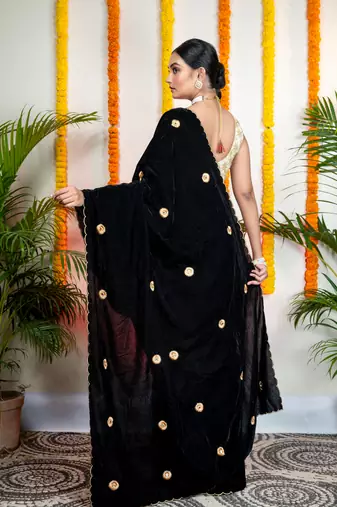 Black velvet machine embroidered saree
