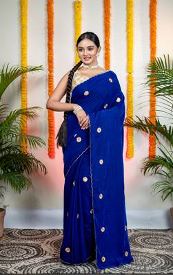 Royal blue velvet machine embroidered saree 1