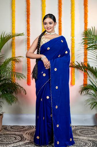 Royal blue velvet machine embroidered saree