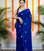 Royal blue velvet machine embroidered saree
