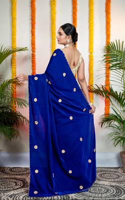 Royal blue velvet machine embroidered saree 2