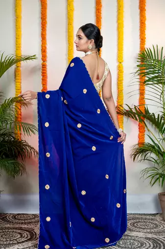 Royal blue velvet machine embroidered saree