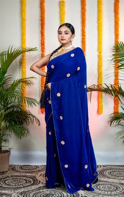 Royal blue velvet machine embroidered saree 3