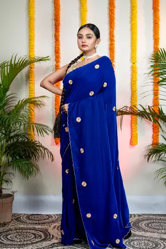Royal blue velvet machine embroidered saree