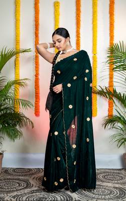 Dark green velvet machine embroidered saree 1