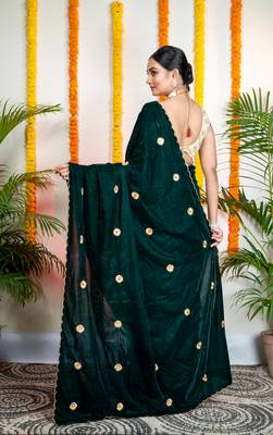 Dark green velvet machine embroidered saree 2