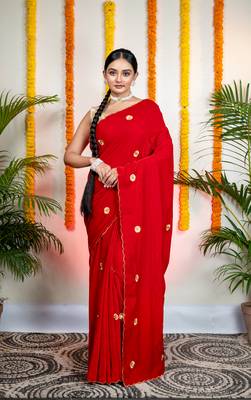 Red velvet machine embroidered saree 1