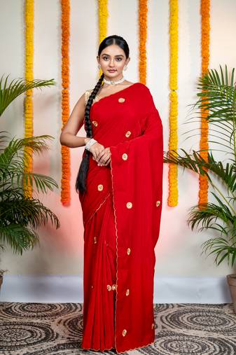 Red velvet machine embroidered saree