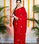 Red velvet machine embroidered saree