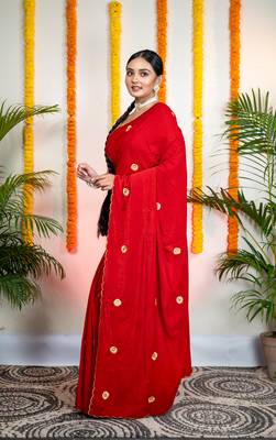 Red velvet machine embroidered saree 2