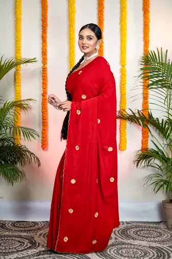 Red velvet machine embroidered saree