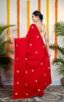 Red velvet machine embroidered saree 3