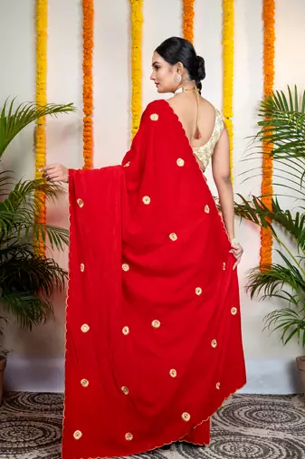Red velvet machine embroidered saree