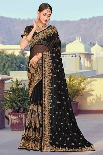 Black Heavy Zari Embroidery Work Georgette Saree
