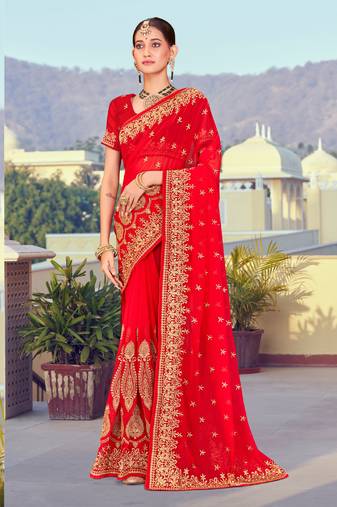 Red Heavy Zari Embroidery Georgette Saree