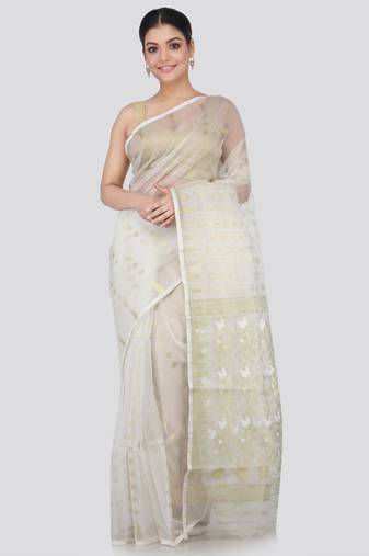 White Hand Woven Silk Blend Saree Without Blouse