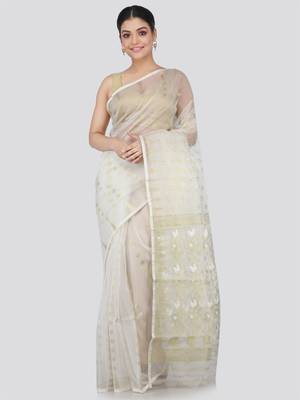 White Hand Woven Silk Blend Saree Without Blouse 1