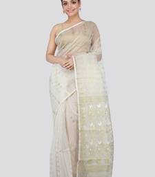 White Hand Woven Silk Blend Saree Without Blouse