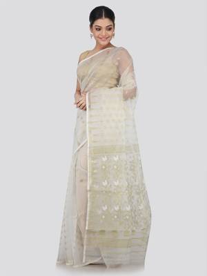 White Hand Woven Silk Blend Saree Without Blouse 2