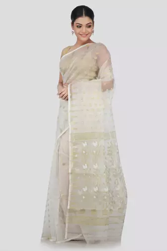 White Hand Woven Silk Blend Saree Without Blouse