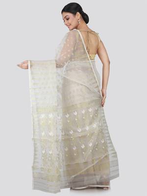 White Hand Woven Silk Blend Saree Without Blouse 3