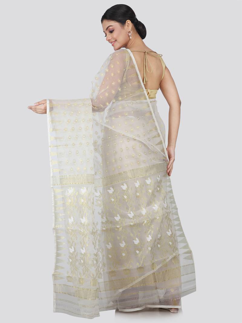 White Hand Woven Silk Blend Saree Without Blouse