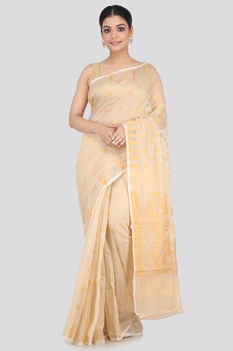 Beige Hand Woven Pure Cotton Saree Without Blouse