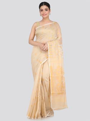 Beige Hand Woven Pure Cotton Saree Without Blouse 1