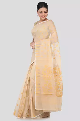Beige Hand Woven Pure Cotton Saree Without Blouse