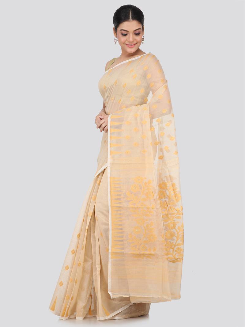 Beige Hand Woven Pure Cotton Saree Without Blouse