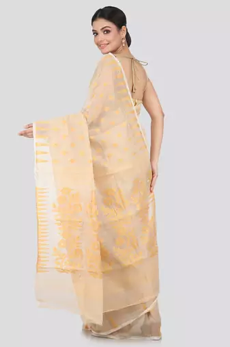 Beige Hand Woven Pure Cotton Saree Without Blouse