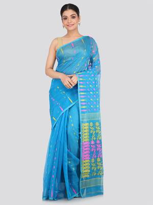 Blue Hand Woven Pure Cotton Saree Without Blouse 1