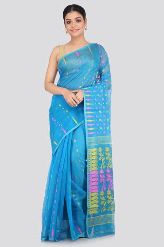 Blue Hand Woven Pure Cotton Saree Without Blouse