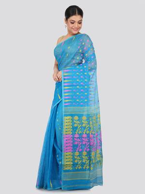 Blue Hand Woven Pure Cotton Saree Without Blouse 2