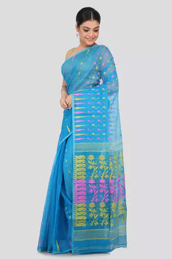 Blue Hand Woven Pure Cotton Saree Without Blouse