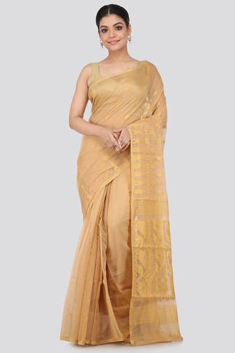 Beige Hand Woven Pure Cotton Saree Without Blouse