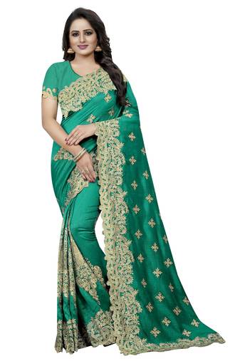 Rama Green Zari Badla Embroidery Work Silk Saree