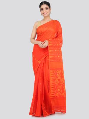 Orange Hand Woven Pure Cotton Saree Without Blouse 1