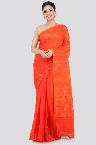 Orange Hand Woven Pure Cotton Saree Without Blouse